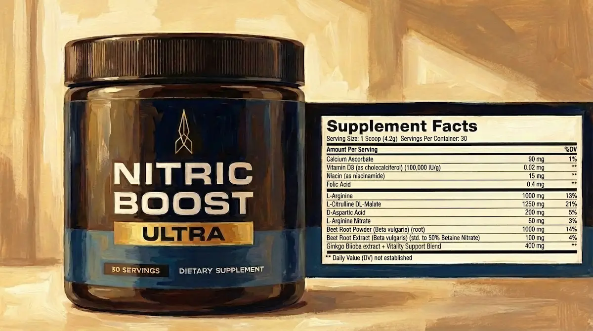 Nitric Boost Ultra Supplement Facts Label - Complete ingredient list and dosages per serving